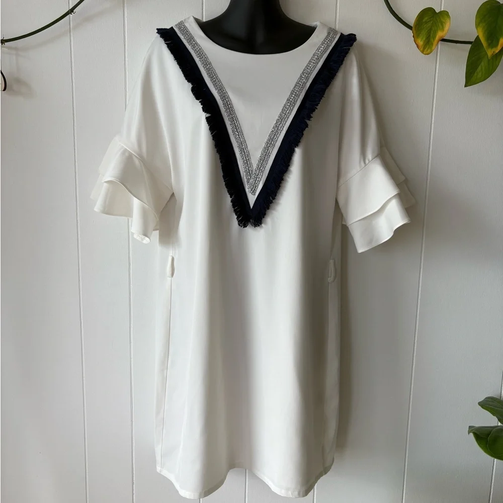 Molly Bracken White Ruffle Sleeve Dress | Size Medium - Picture 8 of 9